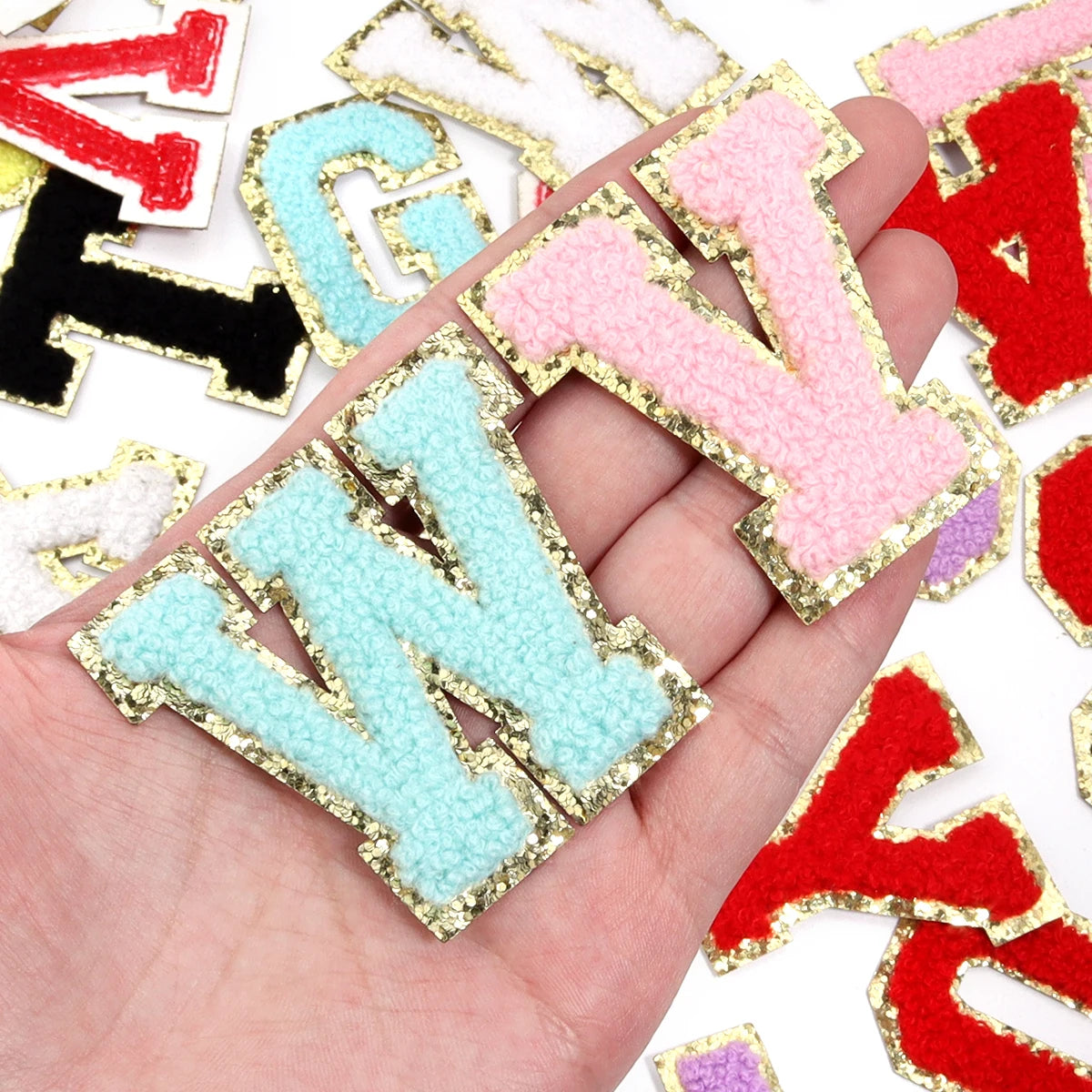 26Pcs/Set 6cm English Letter Patches Gold Edged Chenille Patches Ironing Fabric For DIY Crafts Name Sticker Bags Clothing Decor