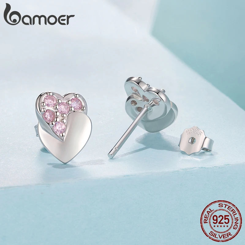 BAMOER 925 Sterling Silver Double Heart Stud Earrings Pink Zircons Earrings Hypoallergenic for Women Teens Valentine's Gift