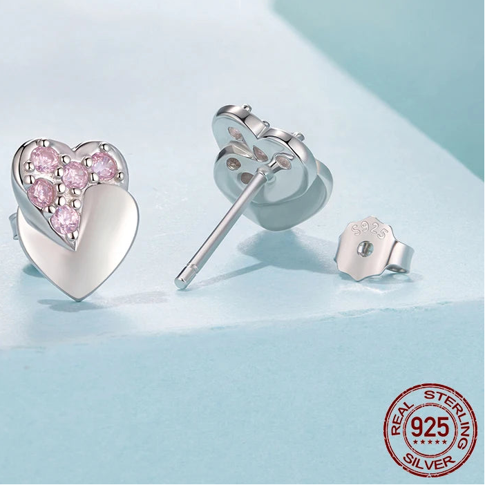 Tejesa 925 Sterling Silver Double Heart Stud Earrings Pink Zircons Earrings Hypoallergenic for Women Teens Valentine's Gift