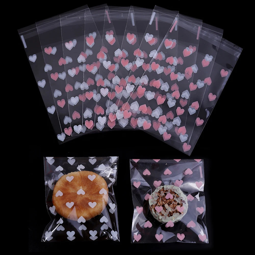 50pcs/lot Heart Transparent Self Sealing Bag Pink White Love Pattern Plastic Bag Candy Cookie Storage Bag Jewelry Packaging Bag