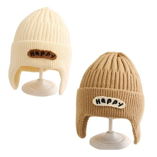 New Letter Happy Baby Hat for Girls Boys Autumn Winter Knit Beanies Hat Outdoor Warm Toddler Cap Infant Head Cover Earflap Cap