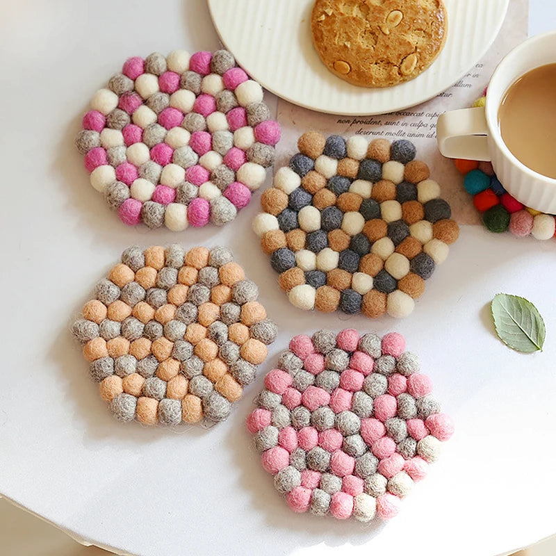 Hemasa Colorful Wool Felt Balls Coaster Hexagon /Heart /Star Shape Coasters