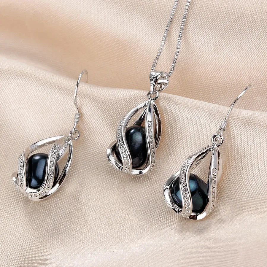 YWYC 8-9mm Natural Freshwater Pearl In Cage Pendant Necklace Drop Earrings & Pendant Jewelry Set for Women