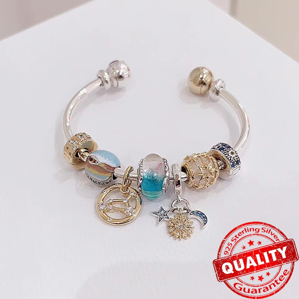 Hot Sale 925 Sterling Silver Celestial Sparkling Sun Moon Open Bangle Beautiful and Elegant Women Jewelry Gift