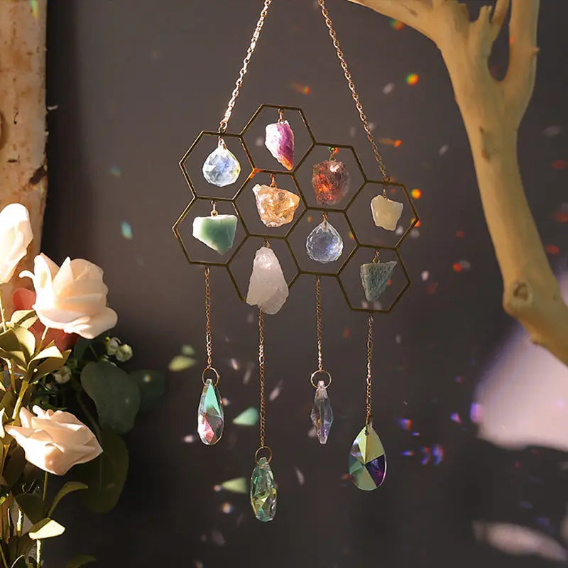 Crystals Honeycomb Suncatcher Window Hanging Decor Raw Mineral Amethyst Fluorite Gems Natural Stones Home Indoor Ornament Gifts