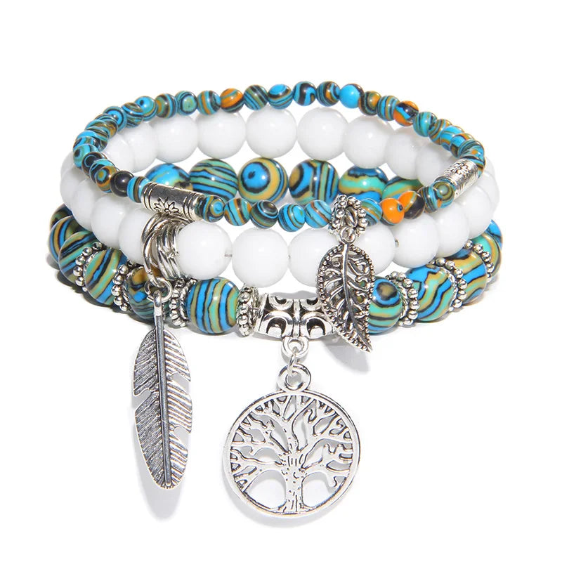 3Pcs Fashion Natural Stone Beads Bracelet 8mm Beads Tree of Life Pendant Bracelet Men Women Beaded Charm Bracelets Jewelry