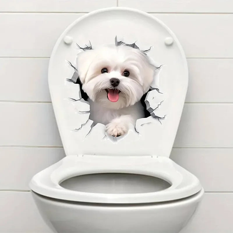Hemasa 3D Cracked Animal Dog Toilet Sticker, Adorable Bathroom Decor, Wall Self-Adhesive Art, Bathroom Decor