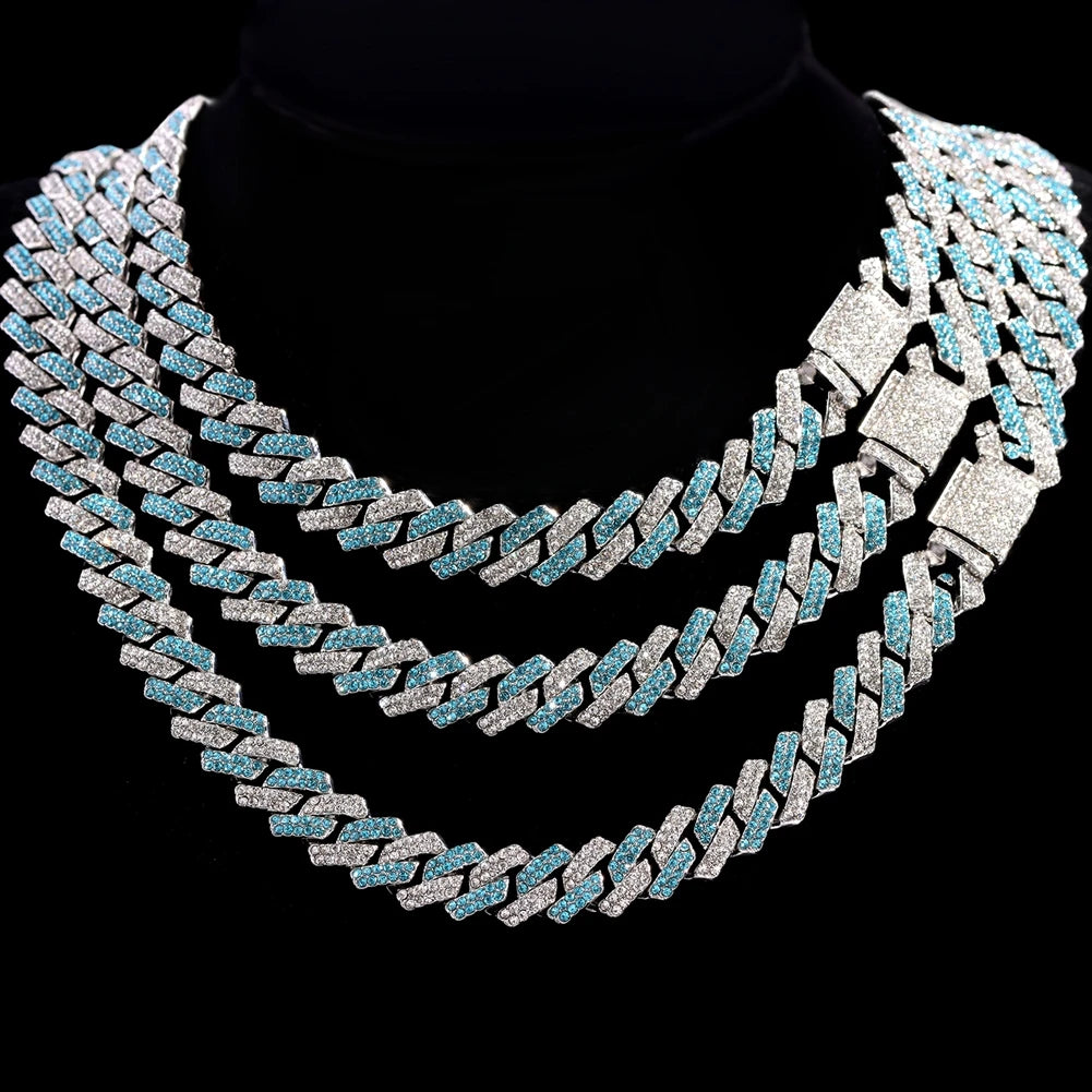 14MM Blue Prong Cuban Chain Hiphop Necklaces For Women Men 2 Row Rhombus Iced Out Cuban Link Chain Choker Necklace Jewelry