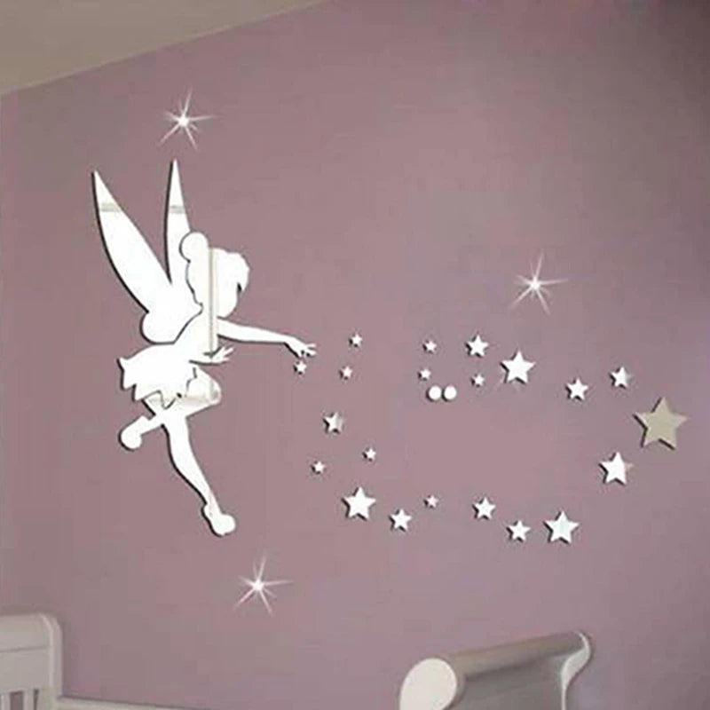 Hemasa 1 Set 3D Fairy Blown Star Plastic Mirror Wall For Girls Room  Stickers with  Glue