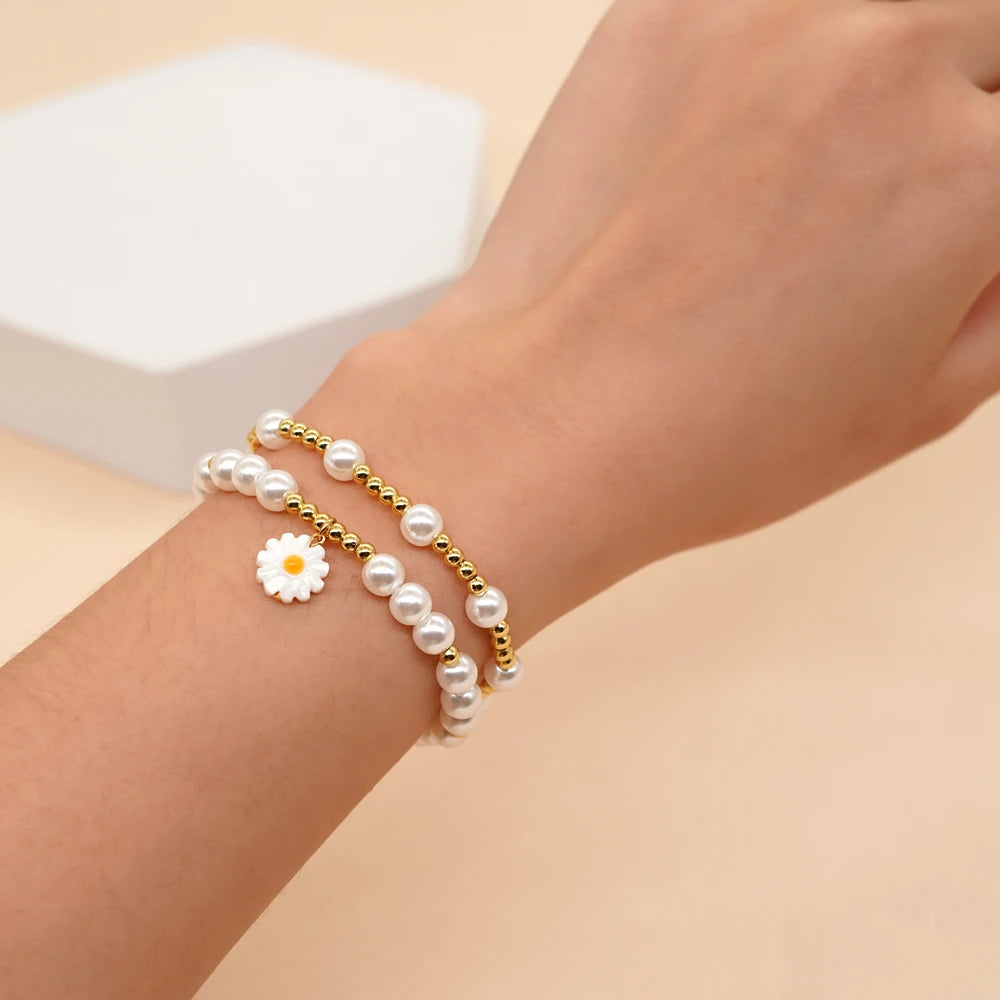 Go2boho Summer Beach Beaded Bracelet  Women Heishi Jewelry Sets Shell Star Heart Daisy Charm Gold Plated Bead Imitation Pearl