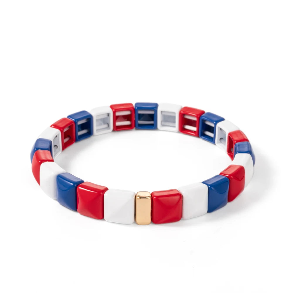 Tejesa Colorful Enamel Square Shape Rhombus Faced Bohemain Geometric Elastic Bracelets For Women