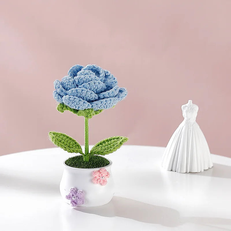 Hemasa Kintted Flower Potted Mini Artificial Flowers/Plant Hand Woven Crochet Tulips Flowers