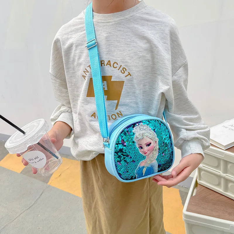 Tejesa Children's Bag Girls Bag Disney Princess Elsa Sequins Personality Children's Casual One Shoulder Bag Messenger Bag