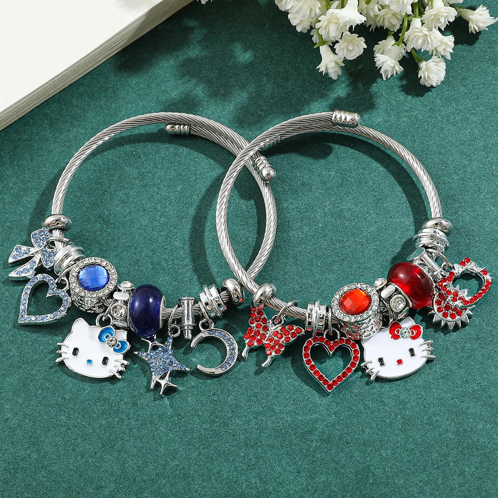 Sanrio Cartoon Charms Bracelets Kawaii Hello Kitty Beads Pendant Hand Chains Cute Bangle Jewelry Accessories Gifts for Girls