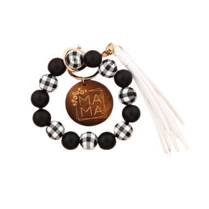 Hemasa Silicon Beads MAMA Monogram Wood Blank Wooden Disc Bracelet Tassel Keychain Wristlet Gift for Her Key Ring