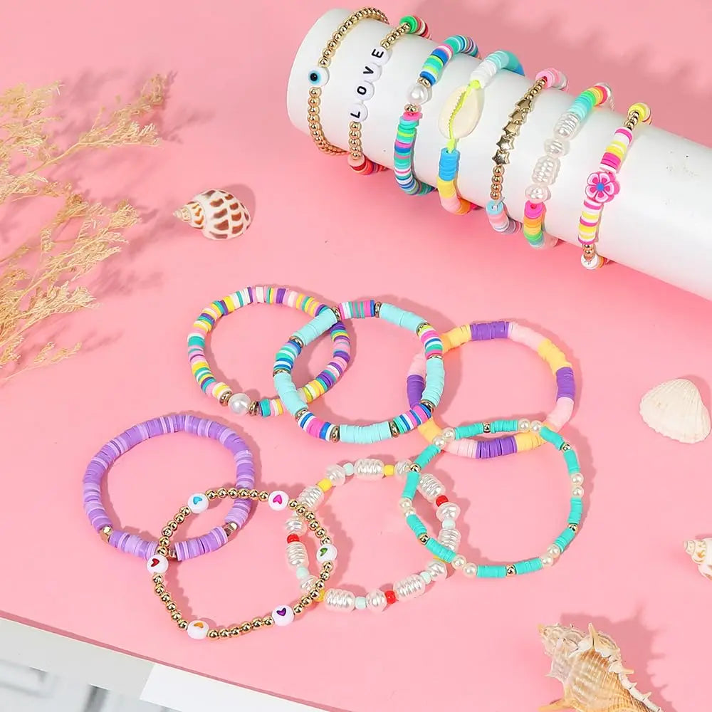 Hemasa 14Pcs/set Bracelets Set LOVE Shell Evil Eye Beaded Polymer Clay Stackable Charm  Bracelets for Girl