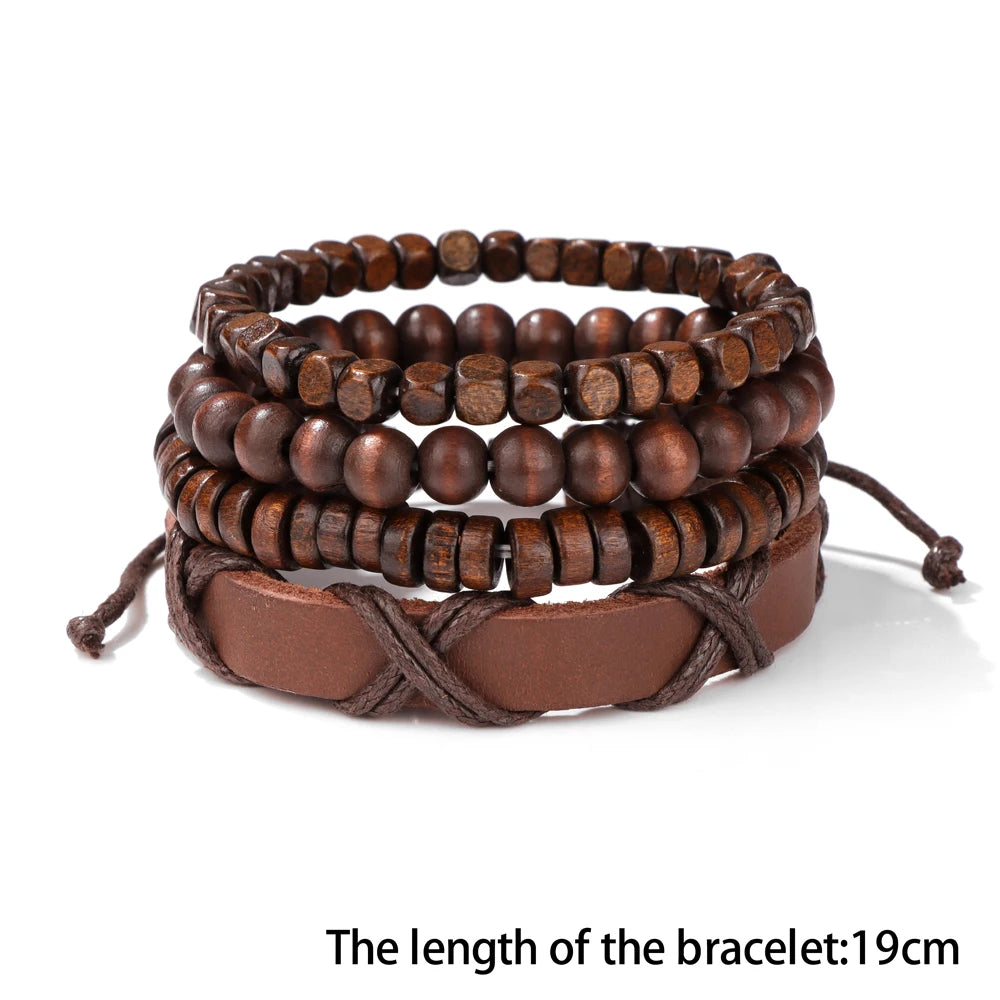 Fashion Braided Wrap Leather Bracelet Vintage Wood Beads Feather Skull Arrow Ethnic Bracelets Bangles Men Women Energy Jewelry