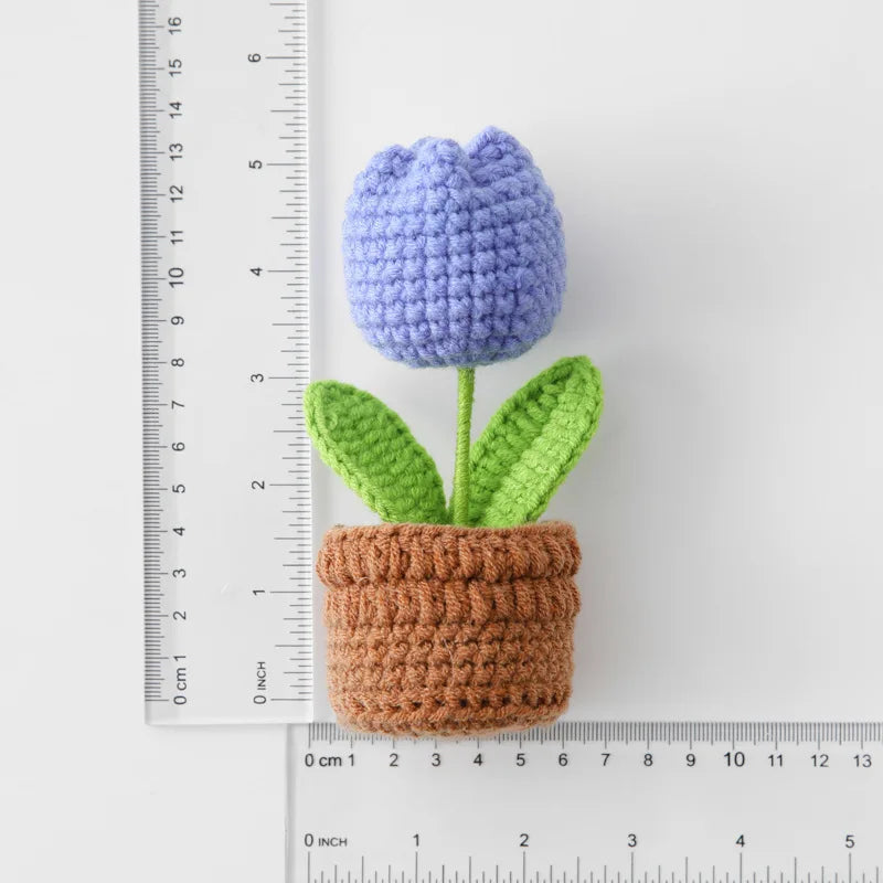 Hemasa Mini Tulips Crochet Flowers Potted Cute Knitting Flowers /Table Car Decor Handmade Artificial Tulips