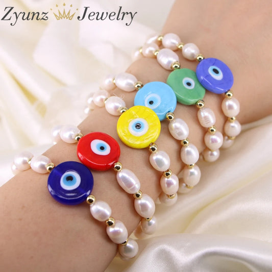 5PCS, Natural Freshwater Pearl Turkish Lampwork Glass Round Eye Bracelets Stretch Bangle Hand Bracelet For Women