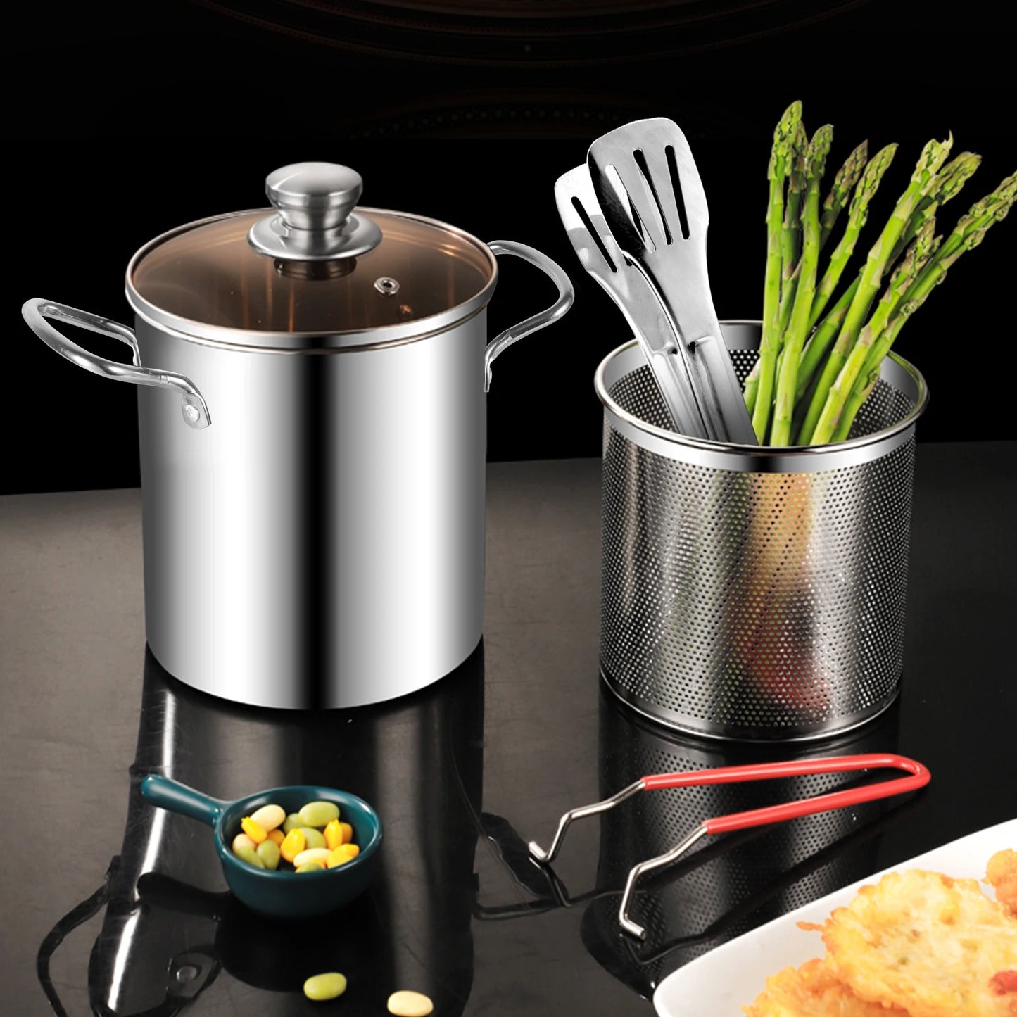 Deep Fryer Pot 304 Stainless Steel Fry Pot with Basket and Lid Food Grade Deep Fryer Multifunctional Deep Frying Pot for Frying