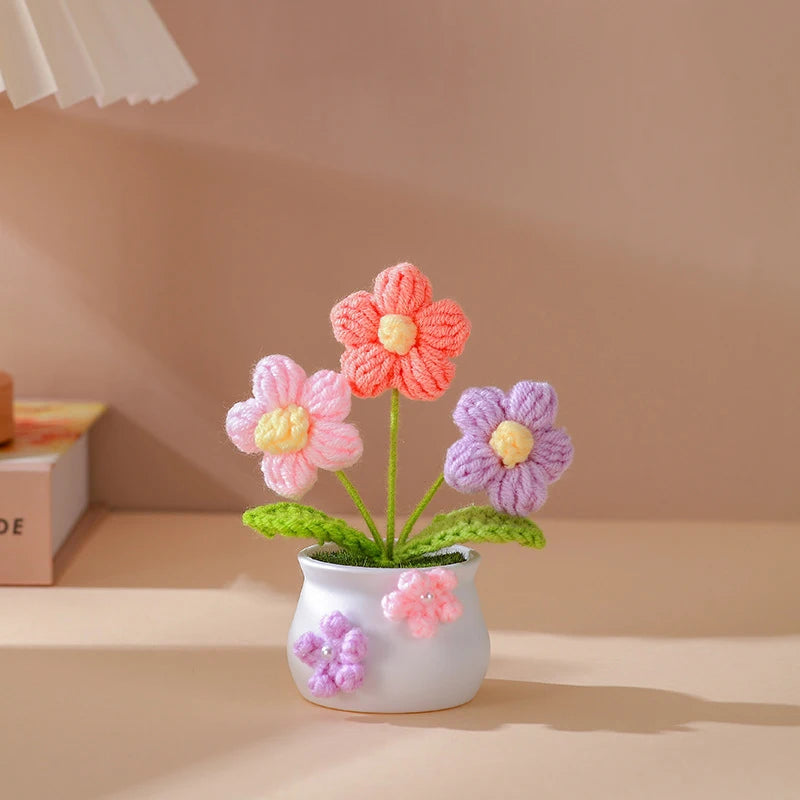 Hemasa Kintted Flower Potted Mini Artificial Flowers/Plant Hand Woven Crochet Tulips Flowers
