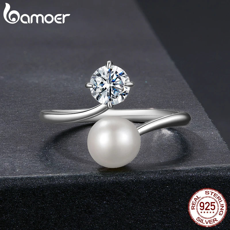 BAMOER 0.5CT Freshwater Pearl Moissanite Open Ring for Women, 925 Sterling Silver Elegant Anniversary Statement Natural Gift