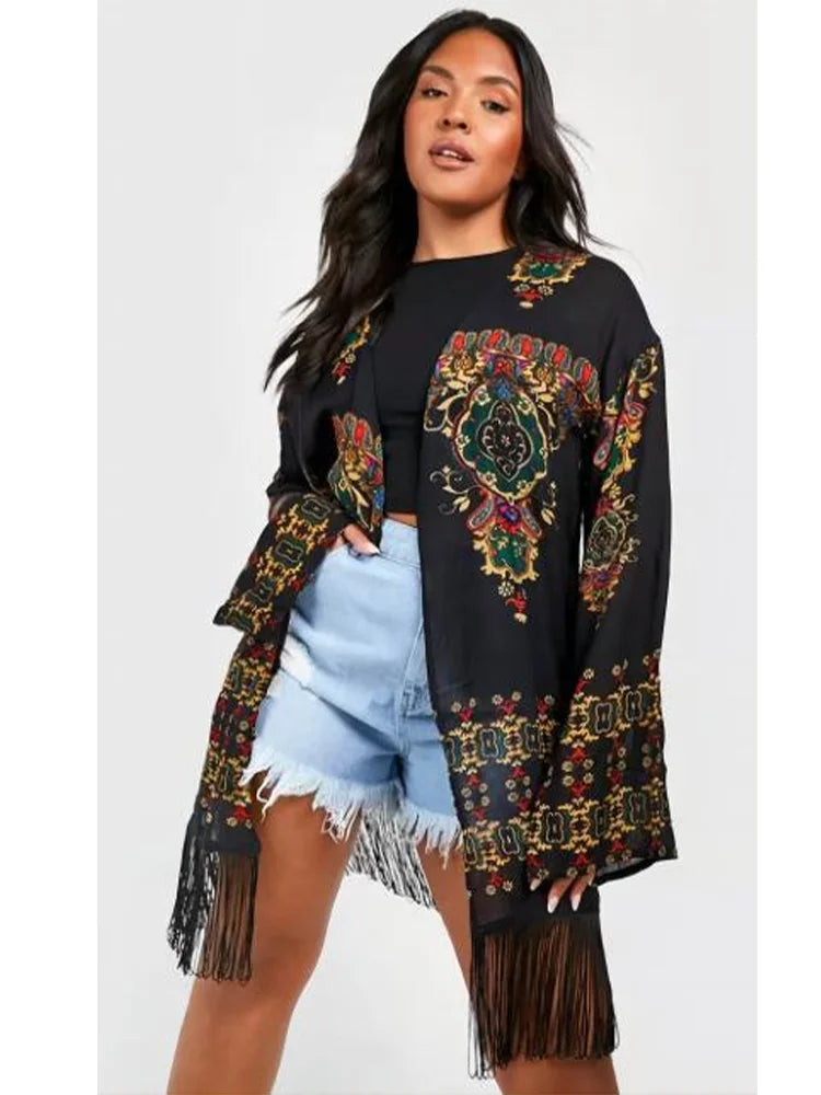 Plus Size Boho Cardigan Women's Casual Floral Print Long Sleeve Fringe Trim Cardigan 2024