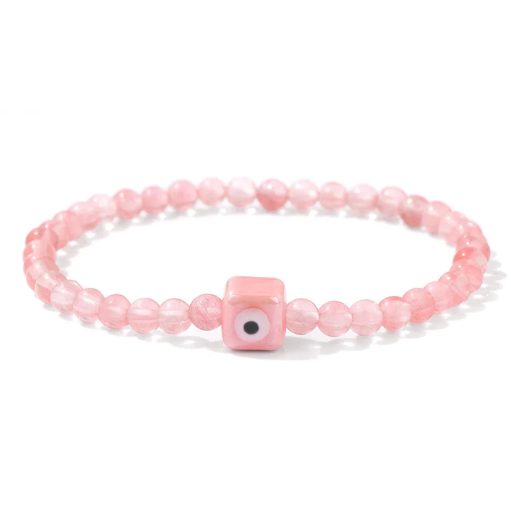 Tejesa Square Eye Bracelet Natural Stone 4mm Beads Elastic Bracelets for Women Men Turkish Evil Eye Lucky Protection Blessing Jewelry