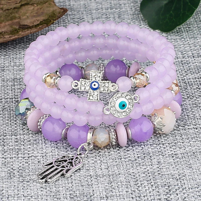 Fatima Cross Evil Eyes Charm Glass Beads Bracelets Set Purple Black PInk White Beaded Women Fashion Protect Jewelry Set
