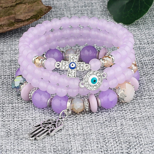 Fatima Cross Evil Eyes Charm Glass Beads Bracelets Set Purple Black PInk White Beaded Women Fashion Protect Jewelry Set