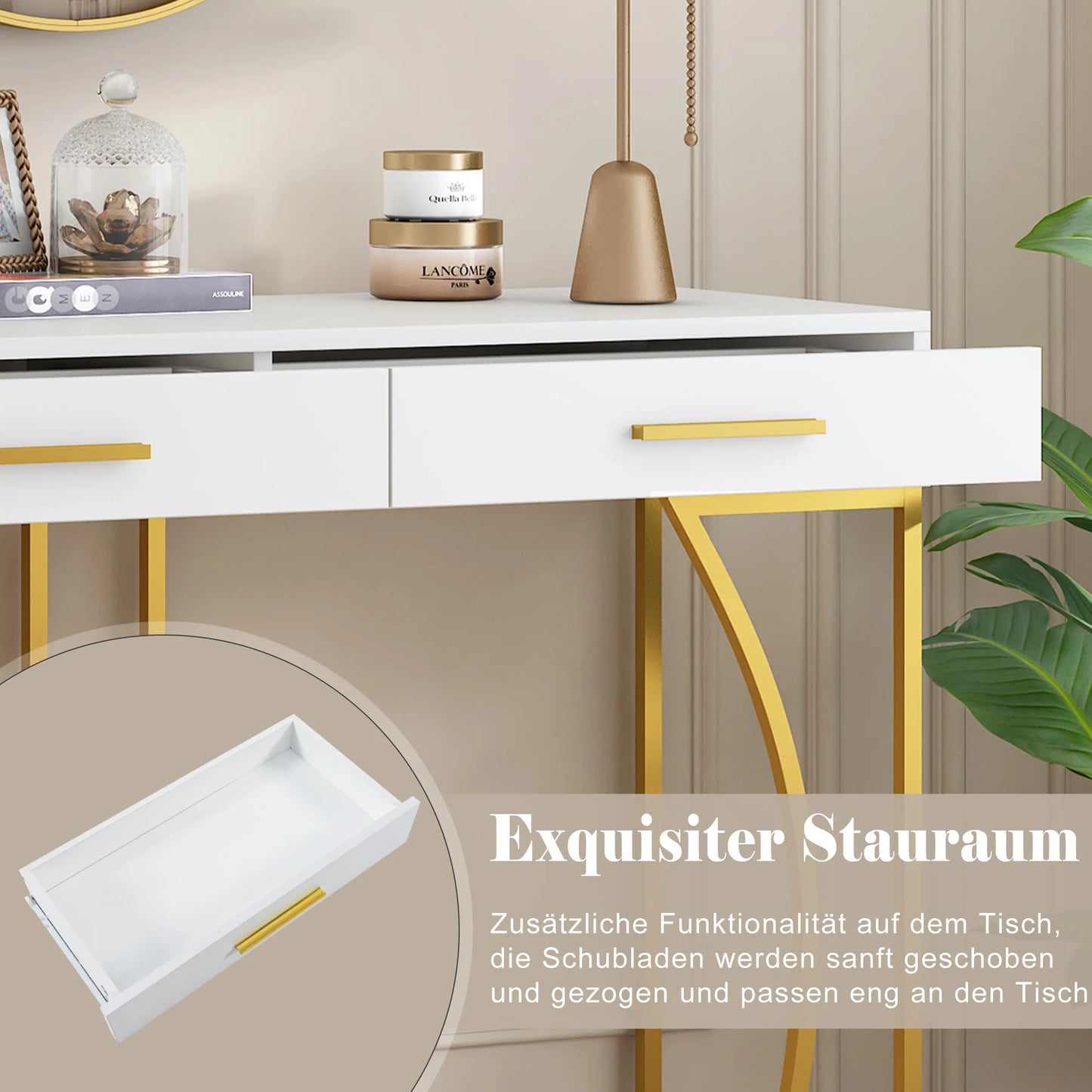 Hemasa Elegant Console Table with 2 Drawers and Metal Frame, White and Gold Finish Lightweight  Side Table for Hallway or Sofa