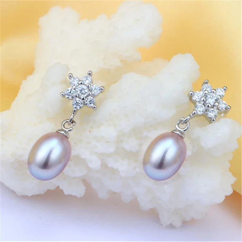 YWYC 8-9mm Natural Freshwater Pearl Earrings Jewelry Gift Hexagram Star 925 Sterling Silver Zircon Drop Earrings for Women