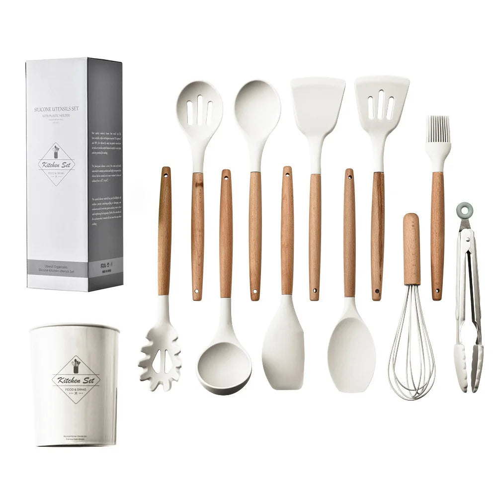 Hemasa 12PCS Silicone  Non-Stick Cookware Kitchen Utensils Set Spatula Shovel Egg Beaters Wooden Handle Cooking Tool Set