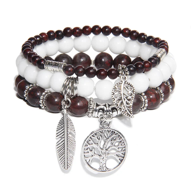 3Pcs Tree of Life Pendant Beads Bracelet Natural Stone Tiger Eye Turquoises Labradorite Bracelets for Women Men Couples Jewelry