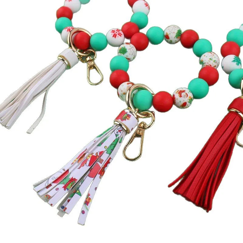 Hemasa Christmas Silicone Bead Bracelet Keychain Ladies Wallet Tassel PU Fringe Creative Beaded Wristband Fashionable Gift Item