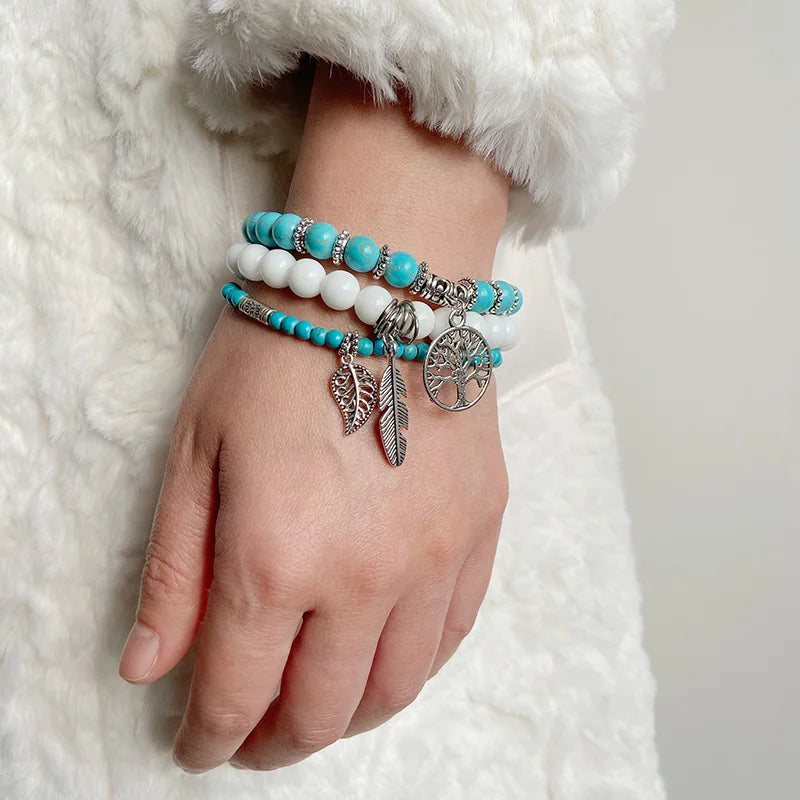 3Pcs Tree of Life Pendant Beads Bracelet Natural Stone Tiger Eye Turquoises Labradorite Bracelets for Women Men Couples Jewelry