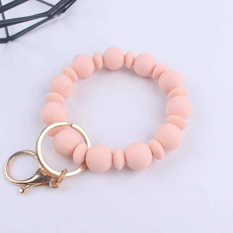 Food Grade Silicone Round Beaded Keychain Fashion Women Wristlet Bracelet Keyring For Anti-Loss Lobster Clasp Keychain Jewelry