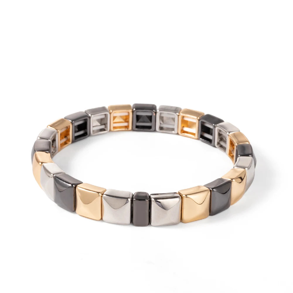 Tejesa Colorful Enamel Square Shape Rhombus Faced Bohemain Geometric Elastic Bracelets For Women