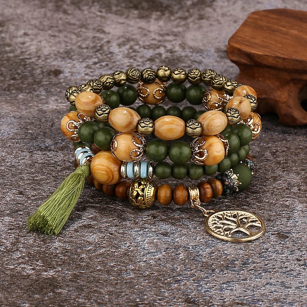 Bohemian Black Tassels Bracelet Set For Women Tree Of Life Charm Wooden Beads Elastic Chain Bangle Girls Fashion Jewelry