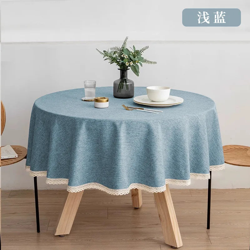 New Large Round Tablecloth Solid Color Cotton Linen Waterproof Table Cloth Oil-Proof Table Cover for Kitchen Garden Restaurant