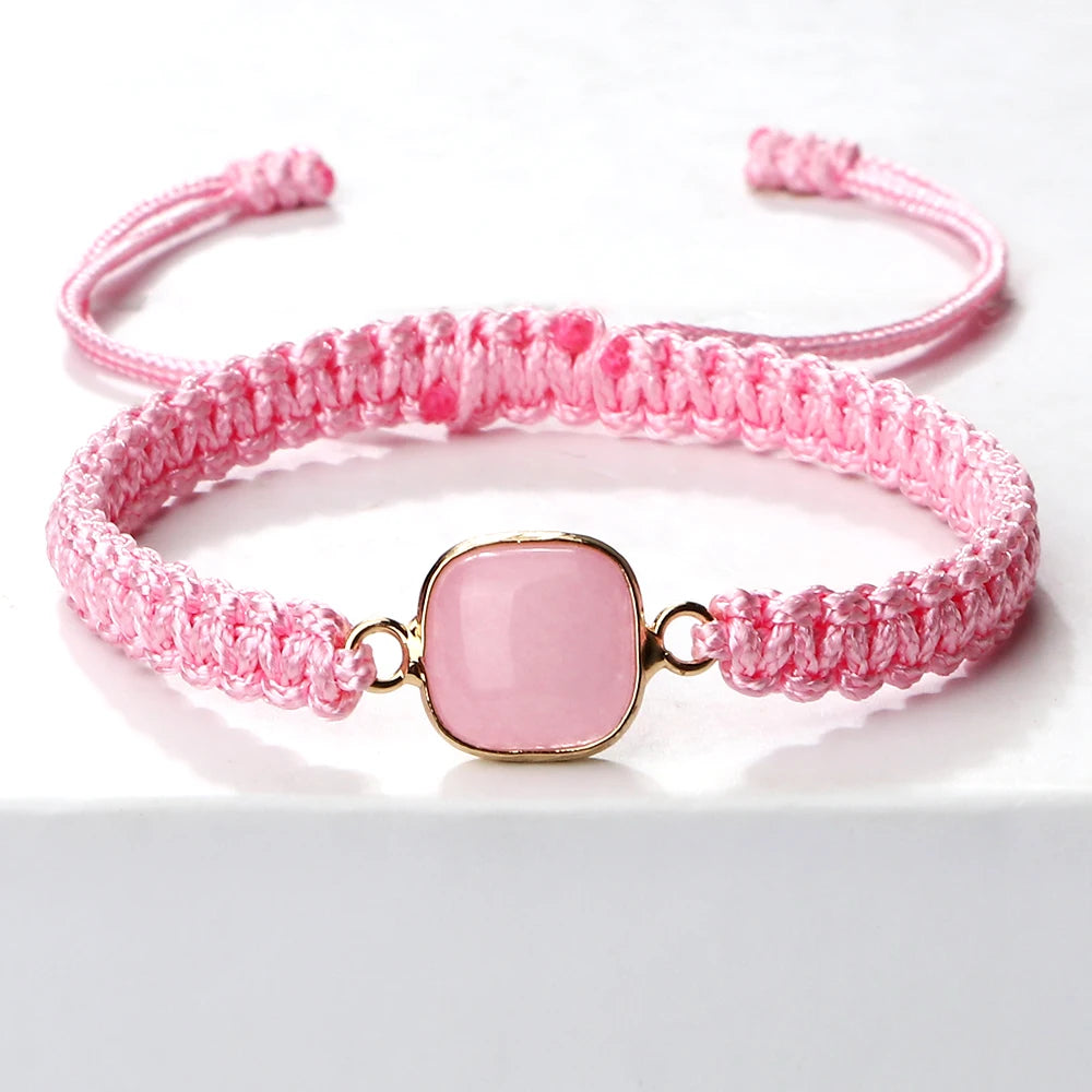 Pink Color Thread Chain Handmade Bracelets For Women Pink Crystal Oval Pendant Natural Stone Bracelets Femme New Fashion Jewelry