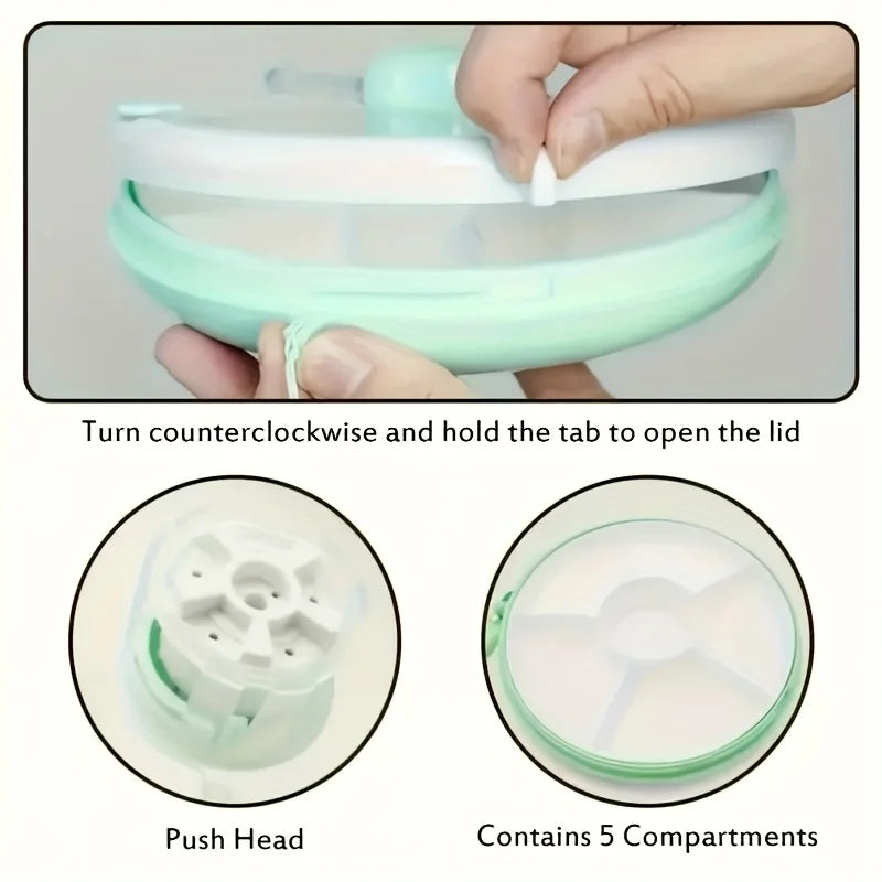 Tejesa 5-Compartment Rotating Snack Storage Box,Portable Outdoor Fruit Tray with Lid, Detachable and Washable Organizer for Home,School