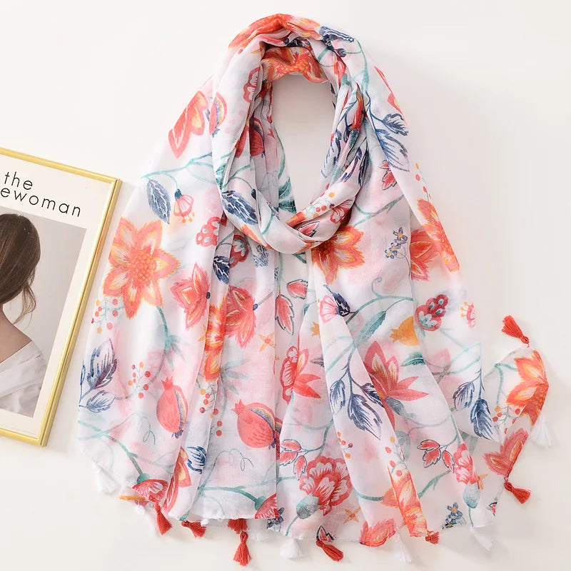 Tejesa Woman Shawl Fashion Design Tassel Cotton Scarf  /Floral Print Ladies Scarves