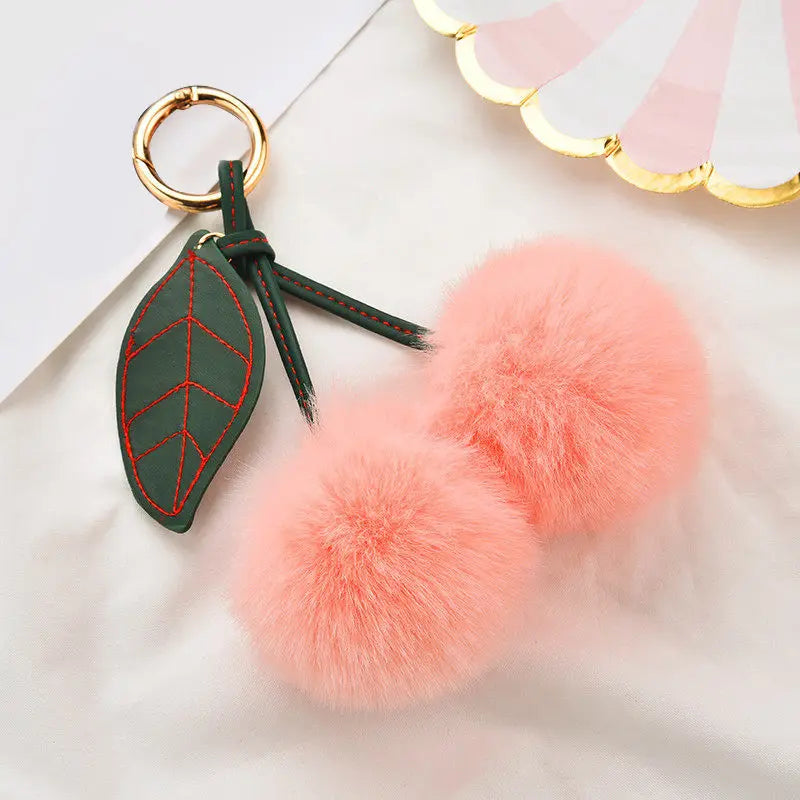 New Fashion Plush Cherry Keychains for Women Girls Fluffy Cartoon Rabbit Fur Ball Pompom Leaf Key Chains Rings Keyring Bag Gifts