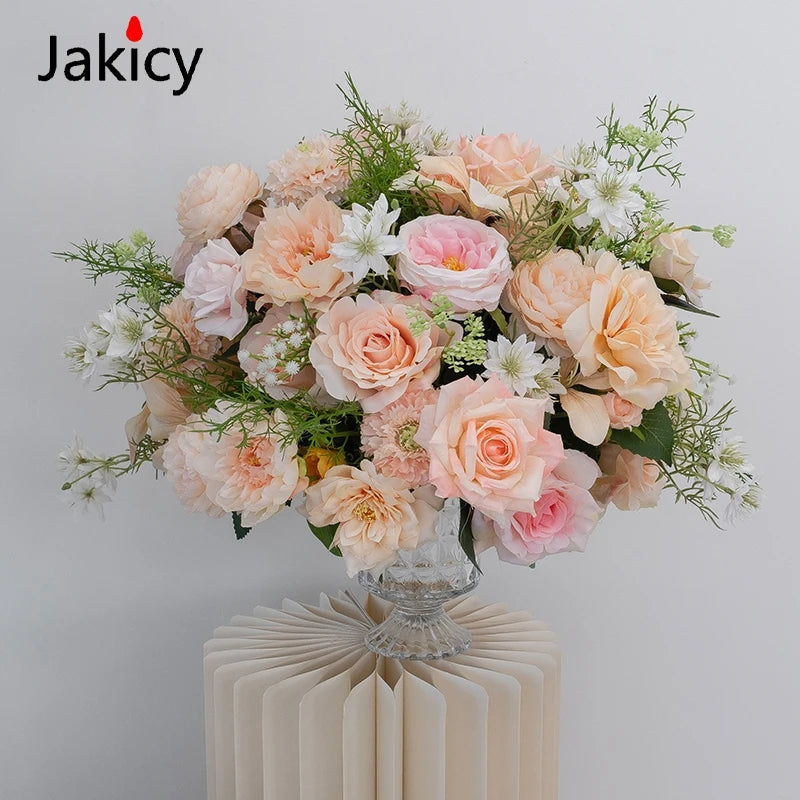 Luxury Champagne Rose Peony Green Leaf Table Runner Floral Event Road Lead Floor Flower Wedding Arch Deco Flower Row Arrangement