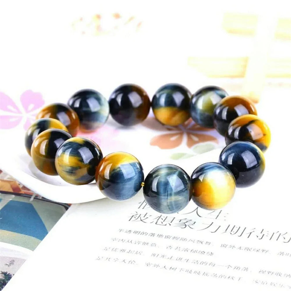 Tejesa Natural Gold Blue Tiger's Eye Round Beads Bracelet /Yellow Blue Tiger Eye Bangle Bracelet