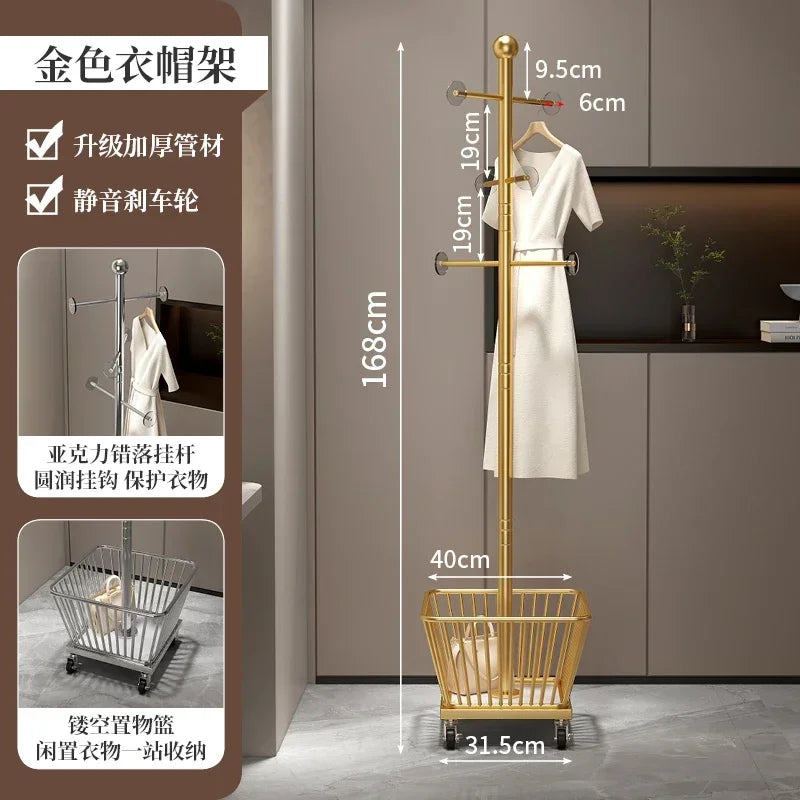 Standing Coat Rack with Basket, Entryway Coat Hanger Stand, Mobile Clothes Storage Rack with Wheels, Hallway