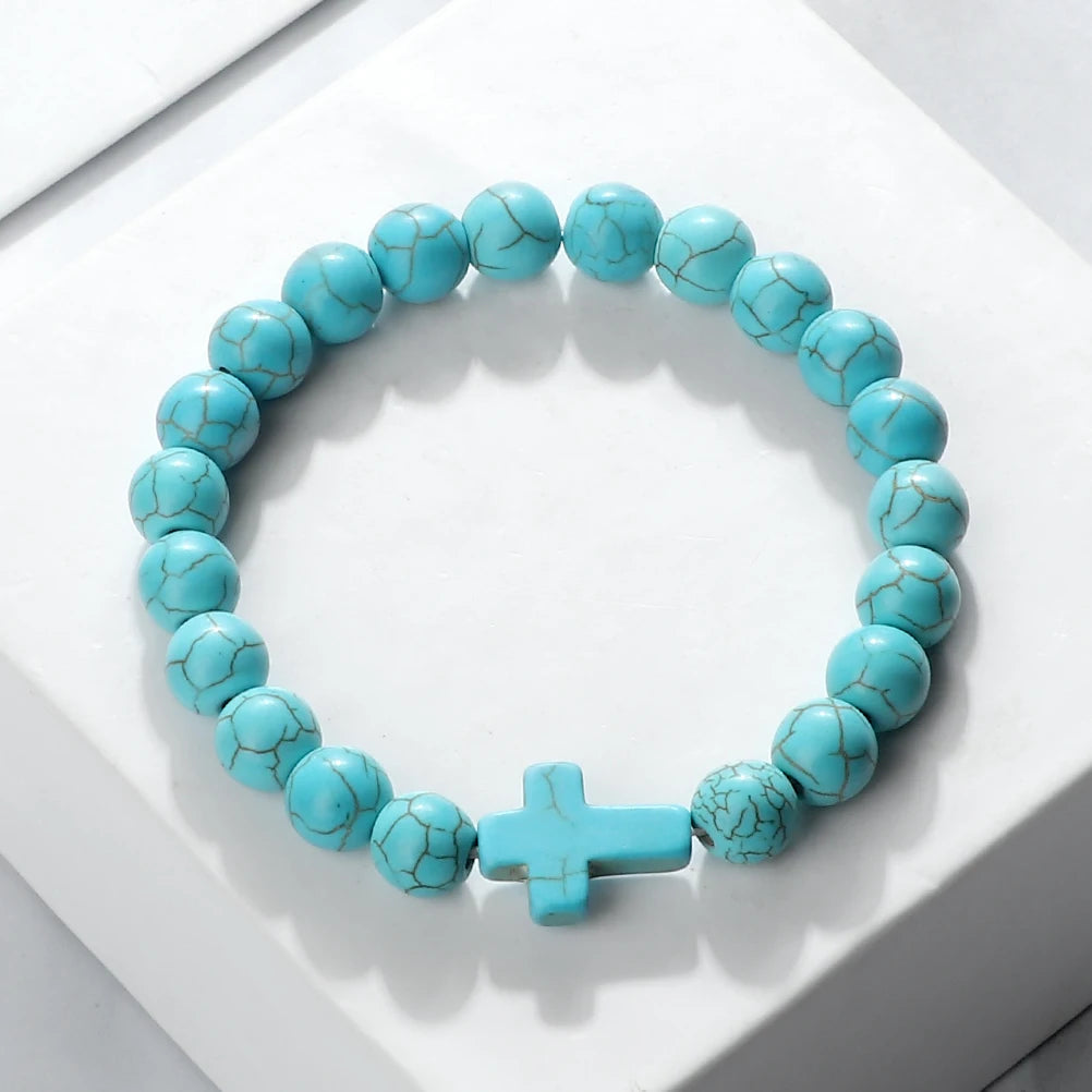Jesus Cross Men Bracelet Natural Stone Black Lava Turquoises Onyx Beads Charm Bracelets Women Yoga Bangles Prayer Jewelry Gifts