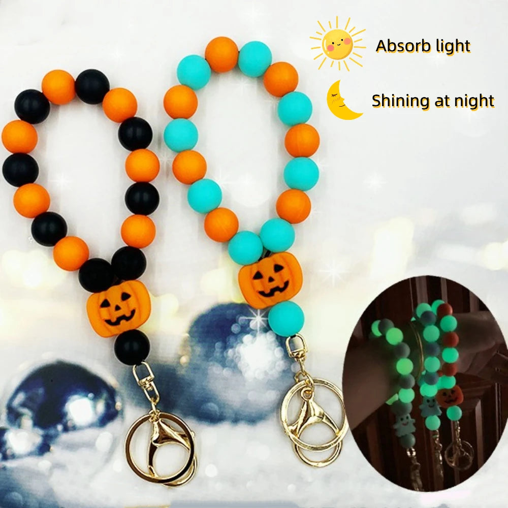 Pumpkin Luminous Ghost Keychain Silicone Fluorescent Halloween Ghost Pendant Lobster Buckle Ornaments Beads Keyring Party