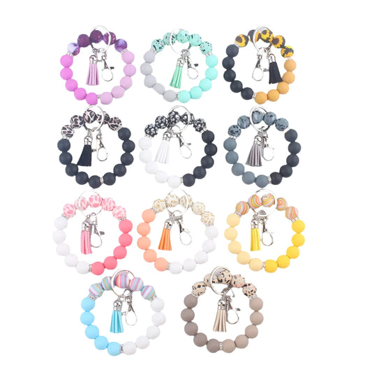 Hemasa Silicone Wrist Keychain Pendant PU Leather Small Tassel Print Leopard Print Beaded Backpack Car Keychain